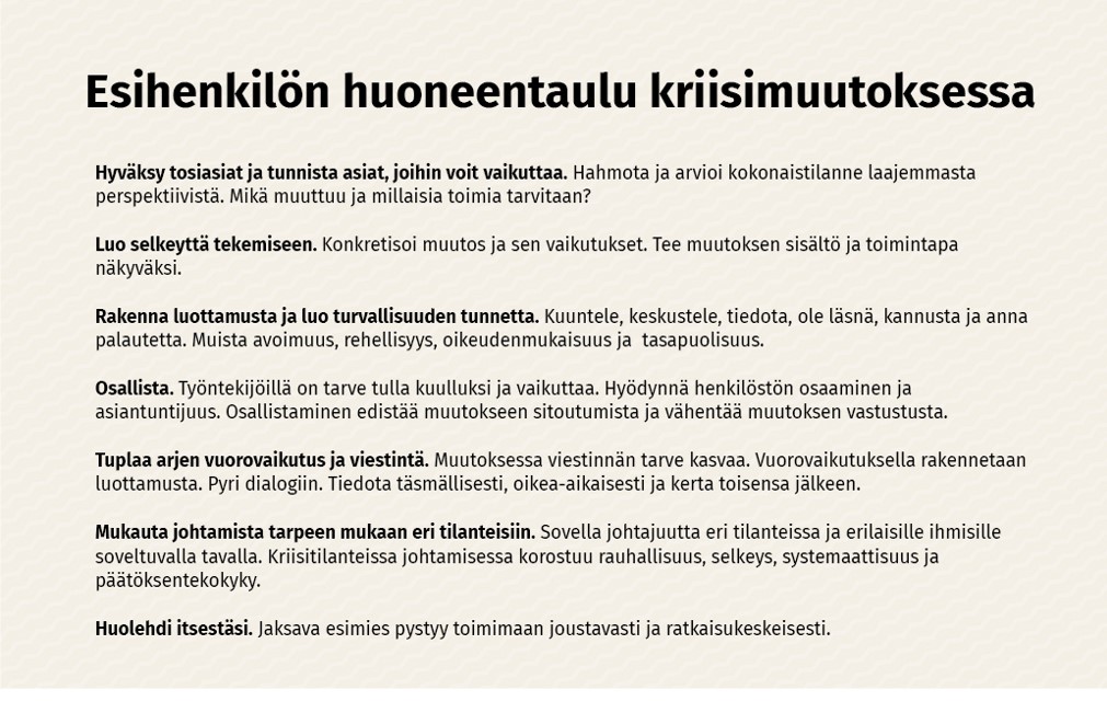 Esihenkilön huoneentaulu kriisimuutoksessa